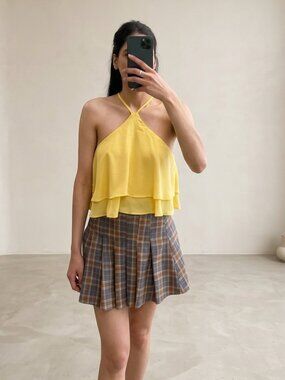 Yellow Halter Crop Top | Flowy Layered Tank | XS
